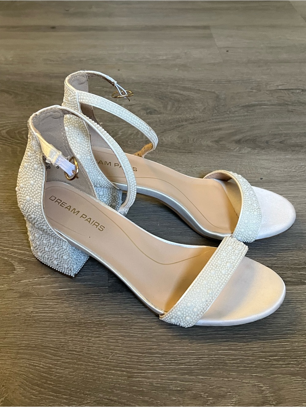 Dream Pairs Ivory Beaded Ankle Strap Block Heels